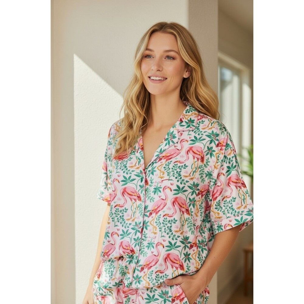 Printfresh Flamingo Print Pajama Top Eco Satin Wildest Dreams Boxy Cropped S NWT